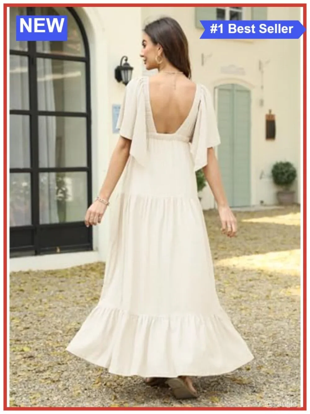 Women's Sexy V-Neck Maxi Dress Tiered Ruffle Flutter Sleeve Backless Elastic